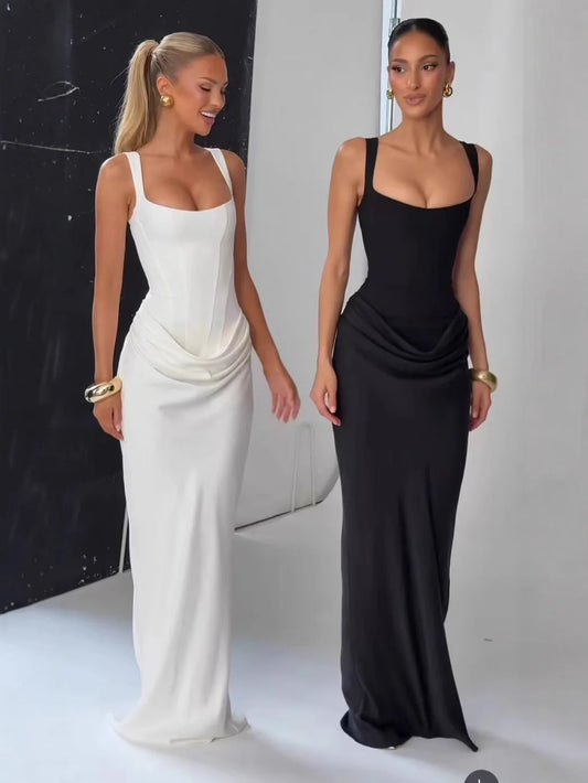 CHNMR Sexy Backless Ruched Maxi Dress for Women U-neck Sleeveless Bandage Bodycon Black Long Dresses Lady Evening Party Gown
