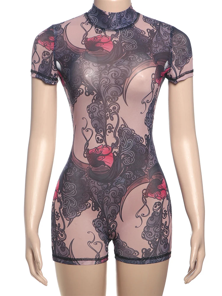 Weird Puss Backless Playsuit Women See Through Shorts Sleeve Peach Buttocks Summer Trend Aesthetic Print Midnight Club Romper