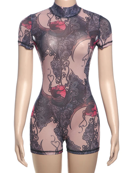 Weird Puss Backless Playsuit Women See Through Shorts Sleeve Peach Buttocks Summer Trend Aesthetic Print Midnight Club Romper