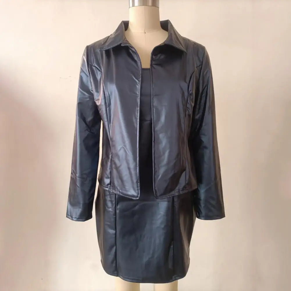 Women's Faux Leather Blazer Dress Suit Sets Office Work Mini Dress with Coat Two Piece Formal Business Outfits