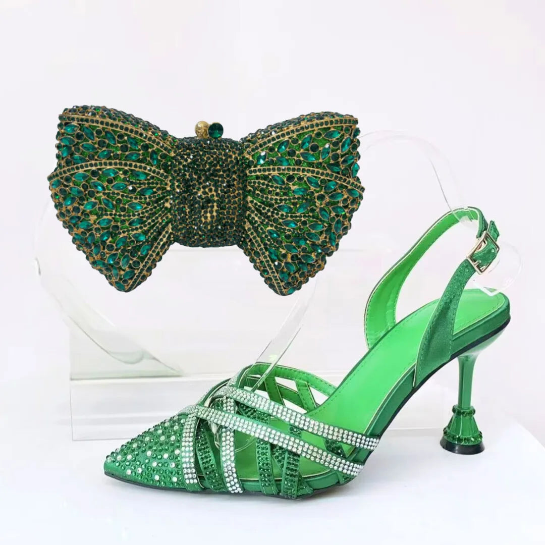 Insightlink Green Crystal High Heel with Bag Set for Bridal Wedding Party Designer Pointed Toe and Clutch Luxury Sandal Handbag