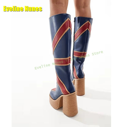 Blue Buffalo Platform Fashion Boots Round Toe Chunky Heels Zipper Closure National Flag Pattern Street Style Lady Knee High Boot