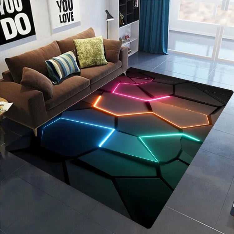 3D Geometric Carpet Neon Lights Rugs Hexagons Carpets for Home Play Gaming Room Decor Livingroom Bedroom Teens E-Sport Rug Mat