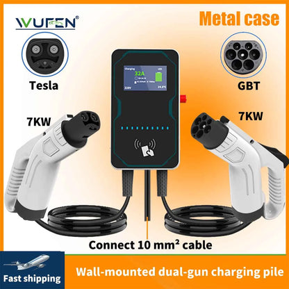 WUFEN EVSE Wallbox EV Car Charger Electric Vehicle Double-gun Wall-Mounted Charging Pile 14KW Type2 GBT Type1 NACS Cable