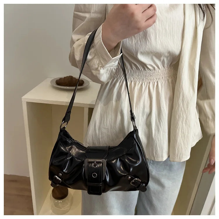 Fashion Pleated Lock Design Women's PU Shoulder Bags Simple Solid Color Ladies Underarm Bag Portable Cool Girls Phone Handbag