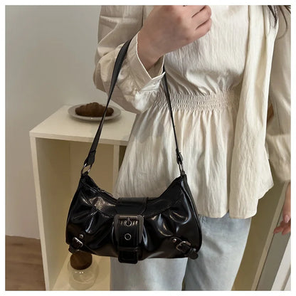 Fashion Pleated Lock Design Women's PU Shoulder Bags Simple Solid Color Ladies Underarm Bag Portable Cool Girls Phone Handbag