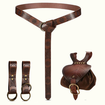 Renaissance Costume Accessories Medieval Retro Leather Waist Belt Leaf-Patterned Coin Purse Magic Potion Bottle Skirt Hike Clip Set for LARP&Cosplay