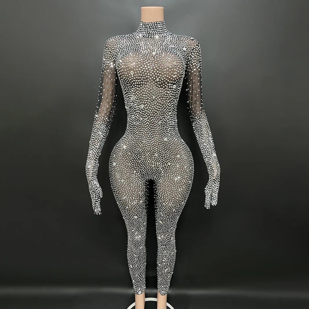 2025 Sexy Full Sparkly Rhinestone Jumpsuit for Women Bodycon Luxury Costume Party Club Bright Stage Singer Performance Jumpsuits