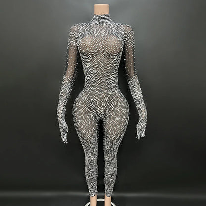 2025 Sexy Full Sparkly Rhinestone Jumpsuit for Women Bodycon Luxury Costume Party Club Bright Stage Singer Performance Jumpsuits