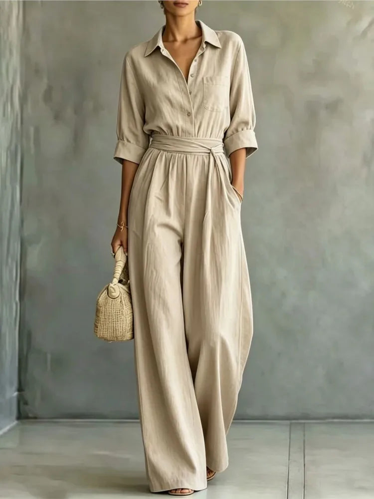 Women's Mid-sleeve Shirts Jumpsuits Spring Summer New 2026 New Fashion Elegant Waisted Lace-up Wide-leg Trousers Female Rompers