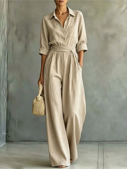 Women's Mid-sleeve Shirts Jumpsuits Spring Summer New 2026 New Fashion Elegant Waisted Lace-up Wide-leg Trousers Female Rompers