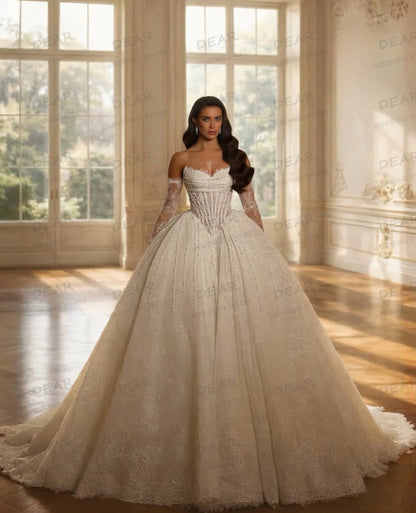 Luxury Wedding Dresses A Line Women's Sexy Bride Ball Gowns Fluffy Backless Lace Formal Party Vestidos De Novia Customized Gala