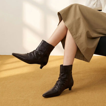 AIYUQI 2026 Women Pointed Toe Ankle Boots Vintage Ruched Kitten Heel Short Boots Elegant Slip On Dress Booties for Daily Party