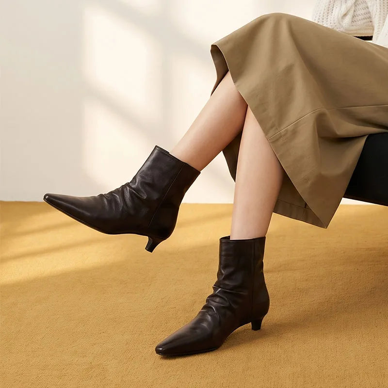AIYUQI 2026 Women Pointed Toe Ankle Boots Vintage Ruched Kitten Heel Short Boots Elegant Slip On Dress Booties for Daily Party