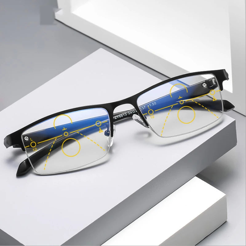 Smart Progressive Photochromic Reading Glasses Men TR90 Multi-Focus Anti Blue Ray Business Eyeglasses Fashion Half-Frame +2.5