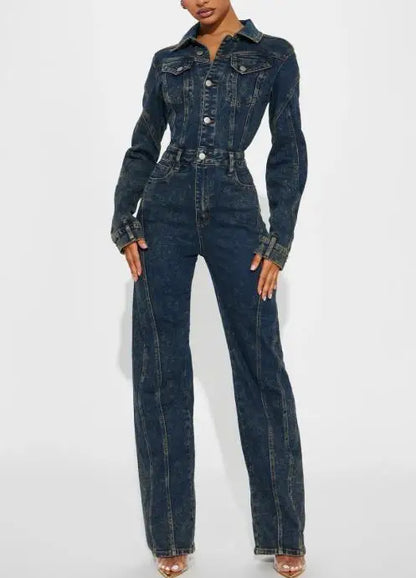 Jumpsuit Women 2026 New Spring Autumn Turn-Down Collar Long Sleeved Pocket Design High Waist Streetwear Casual Denim Jumpsuit