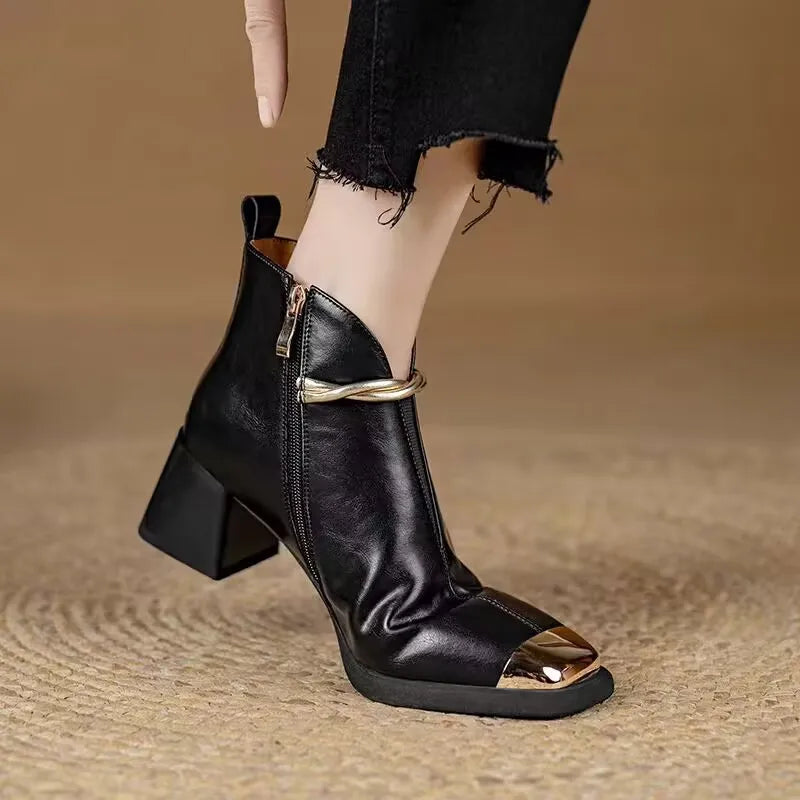 Designer Metal Decorat Thick High Heel Ankle Boots Wome Winter 2026 Warm Short Plush Black Short Boots Woman's Elegant Booties