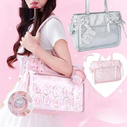 Sweet Cute Bow Shoulder Bags Women Horizontal Transparent Large Capacity Anime Ita Bag Ladies Harajuku Solid Color Handbag Chic