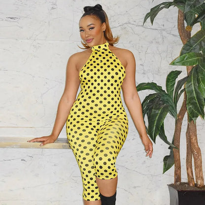 FAGADOER Fashion Color Dot Printing Bodycon Jumpsuits Woman Halter Sleeveless Backless Rompers Female Streetwear Overalls 2026