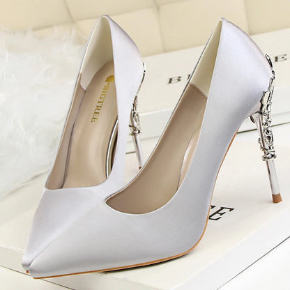 Women Luxury Metallic Decoration Heel Wedding Shoes Lady Trendy 10cm High Heels Pointed Toe Shoes Female Premium Gray Shoes