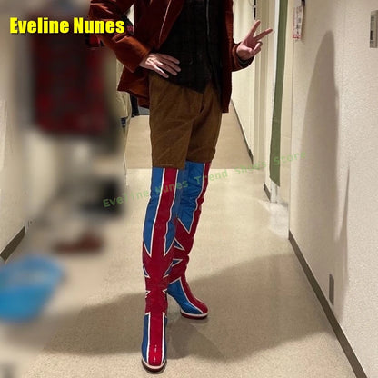 Blue Buffalo Platform Fashion Boots Round Toe Chunky Heels Zipper Closure National Flag Pattern Street Style Lady Knee High Boot