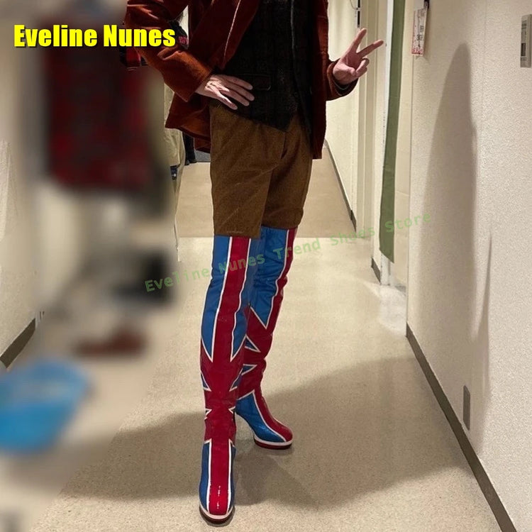 Blue Buffalo Platform Fashion Boots Round Toe Chunky Heels Zipper Closure National Flag Pattern Street Style Lady Knee High Boot