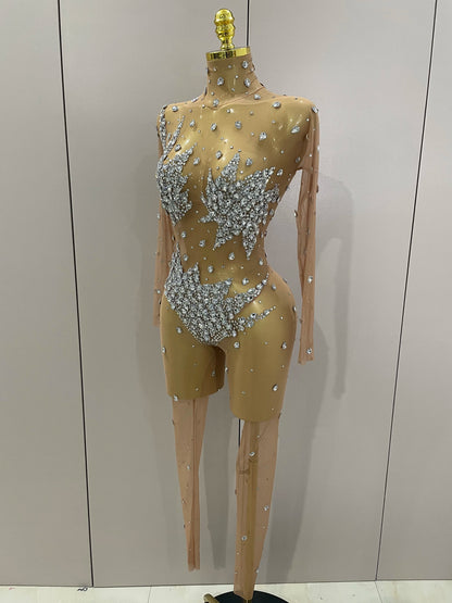 2026 Sparkly Diamonds High Stretch Mesh Jumpsuit Birthday Evening Party Bar Nightclub DJ Female Singer Stage Performance Costume