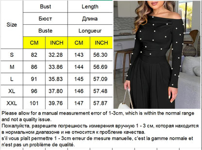 Fashion Beaded Slant-neck Women's Jumpsuit Long Sleeve Wide Leg One Piece Outfit 2026 New Autumn Commute Lady Jumpsuits