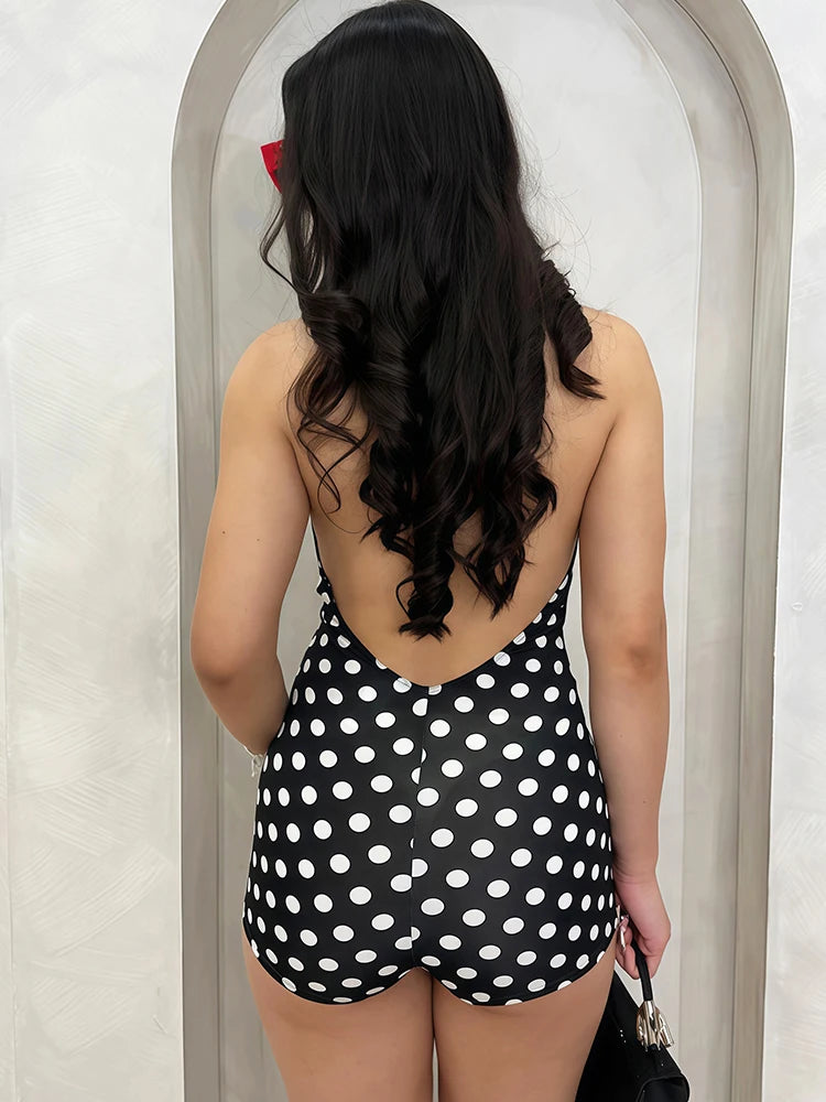 Nibber Wild Trend Romper Women Fashion Swing Collar Sexy Hottie Backless Polka Dot Print Halter Midnight Party Street Clubwear