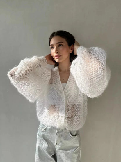 Women Knitting Cardigan 2026 New Women Mohair Knit Cardigan Hollow Out Sheer Long Sleeve Casual Knitted Outerwear Sweater