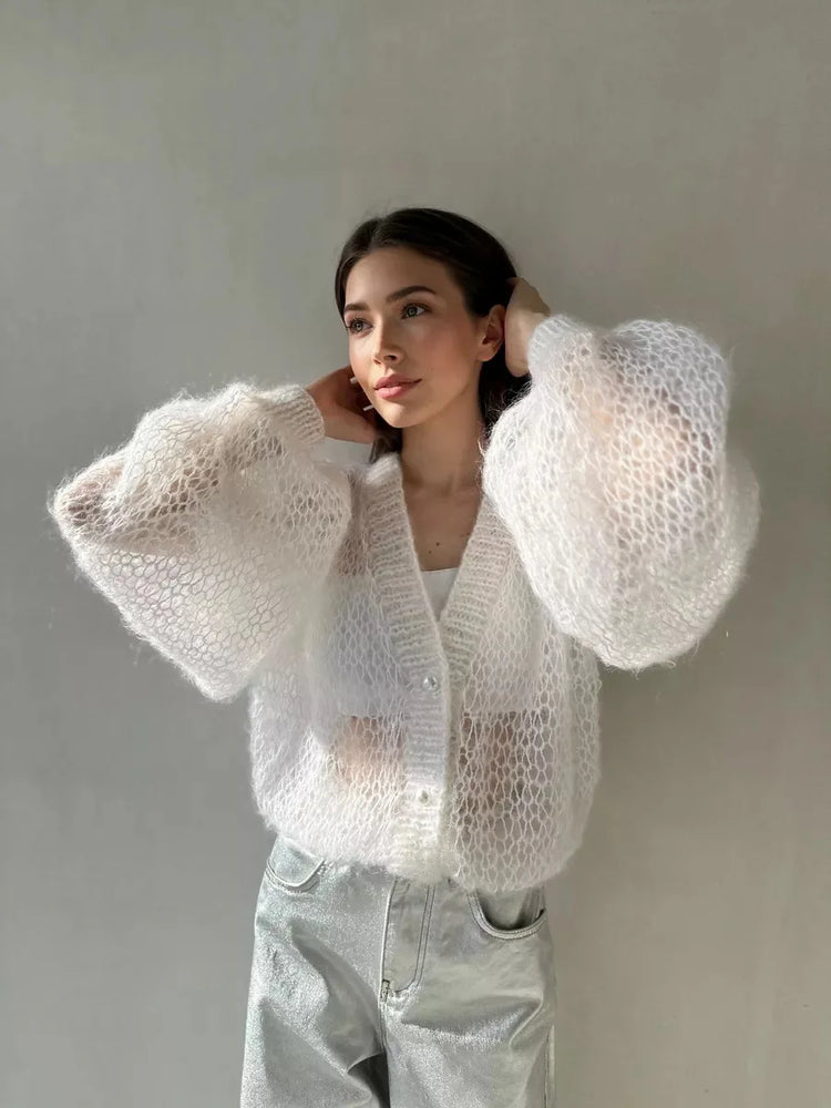 Women Knitting Cardigan 2026 New Women Mohair Knit Cardigan Hollow Out Sheer Long Sleeve Casual Knitted Outerwear Sweater