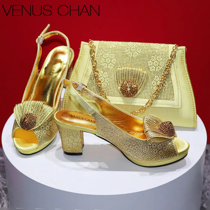 Mature Sweet Spot Good Arrival Peach Color Square Heels Peep Toe Shoes Matching Bag Set For Nigerian Women Wedding Party Pump