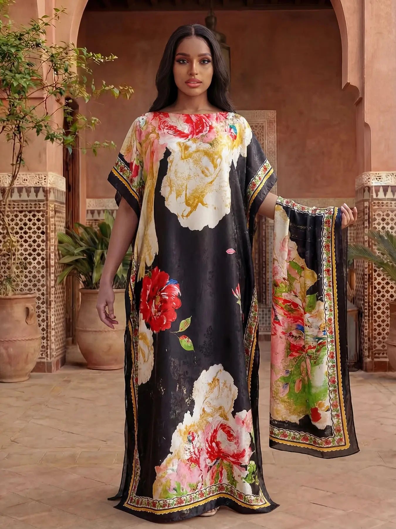 Women's Long Shawl Dubai Fashion Print Design Silk Soft Summer Beach Party Dress Accessory Loose Fit African Abaya MOOMOO