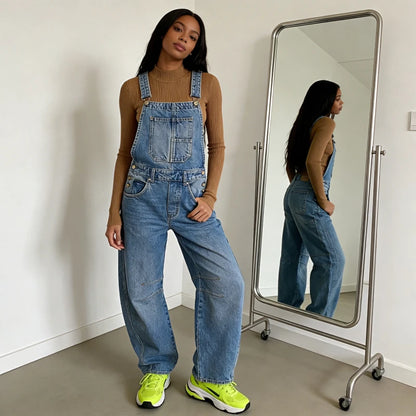 Women Overalls Jumpsuits Jeans One Piece Trousers Vintage Washed Distressed Denim Straight Cargo Pants Streetwear Suspenders