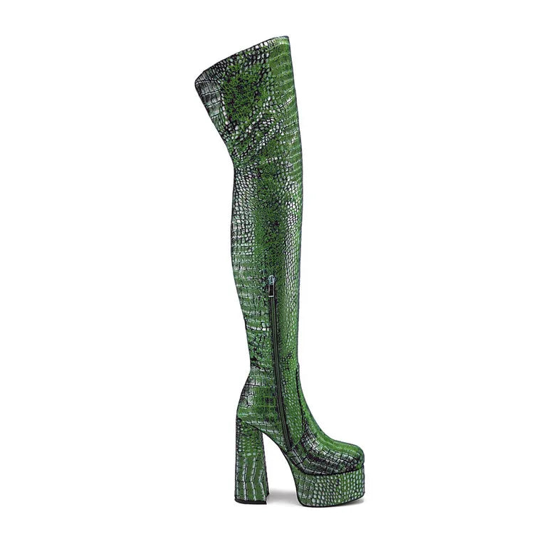 15CM Chunky Heel Platform Woman Over-the-knee Snake Pattern Boots Wild T Show Shoes Sexy Slimming Stretch Thigh Boots For Women