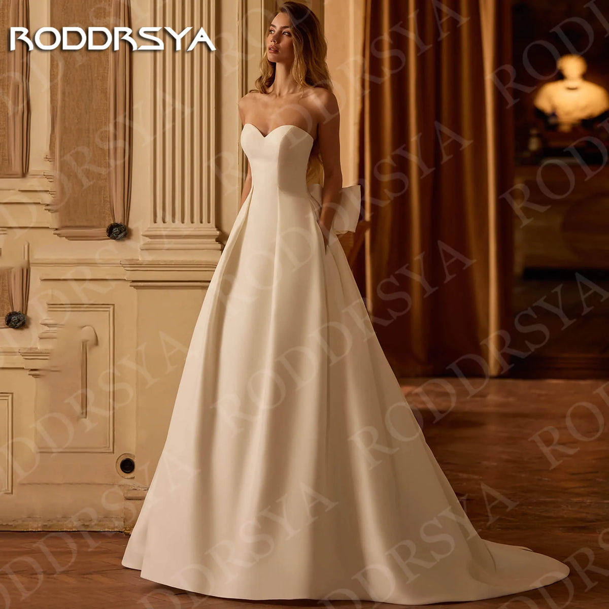 RODDRSYA Classic Wedding Dresses Satin Bridal Gowns Strapless Woman Sweetheart Neck A Line Bride Dress with Pockets Customized