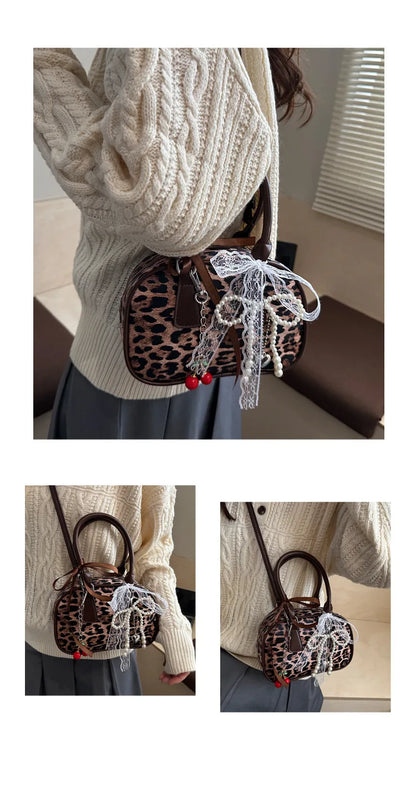 Vintage Leopard Pu Shoulder Bags for Women Portable Trendy Ladies Crossbody Bag Lace Pearl Pendant Female Bowling Handbags