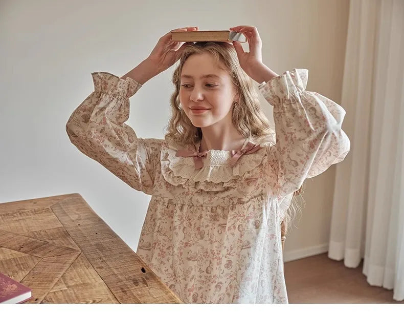 New Spring and Fall Ladies Nightgown Cute Sweet Lace Lacy Lazy Wind Girl Students Foreign-Style Pajamas Home Wear Dresses
