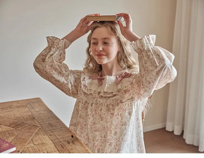 New Spring and Fall Ladies Nightgown Cute Sweet Lace Lacy Lazy Wind Girl Students Foreign-Style Pajamas Home Wear Dresses