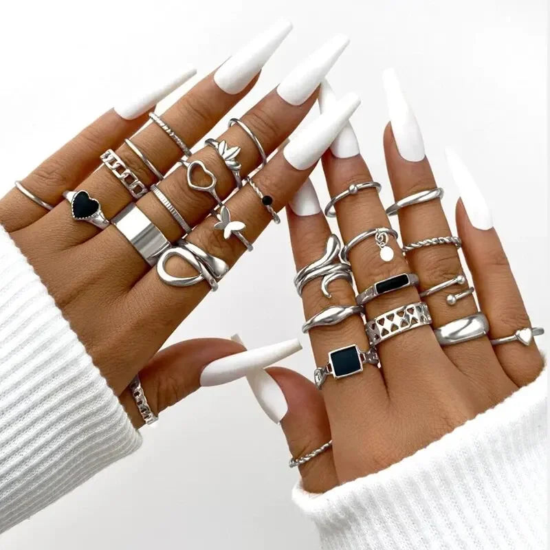 Boho Gold Color Rings Set For Women Fashion Cubic Zircon Heart Star Moon Flower Finger Rings Female Simple Trendy Jewelry Gifts