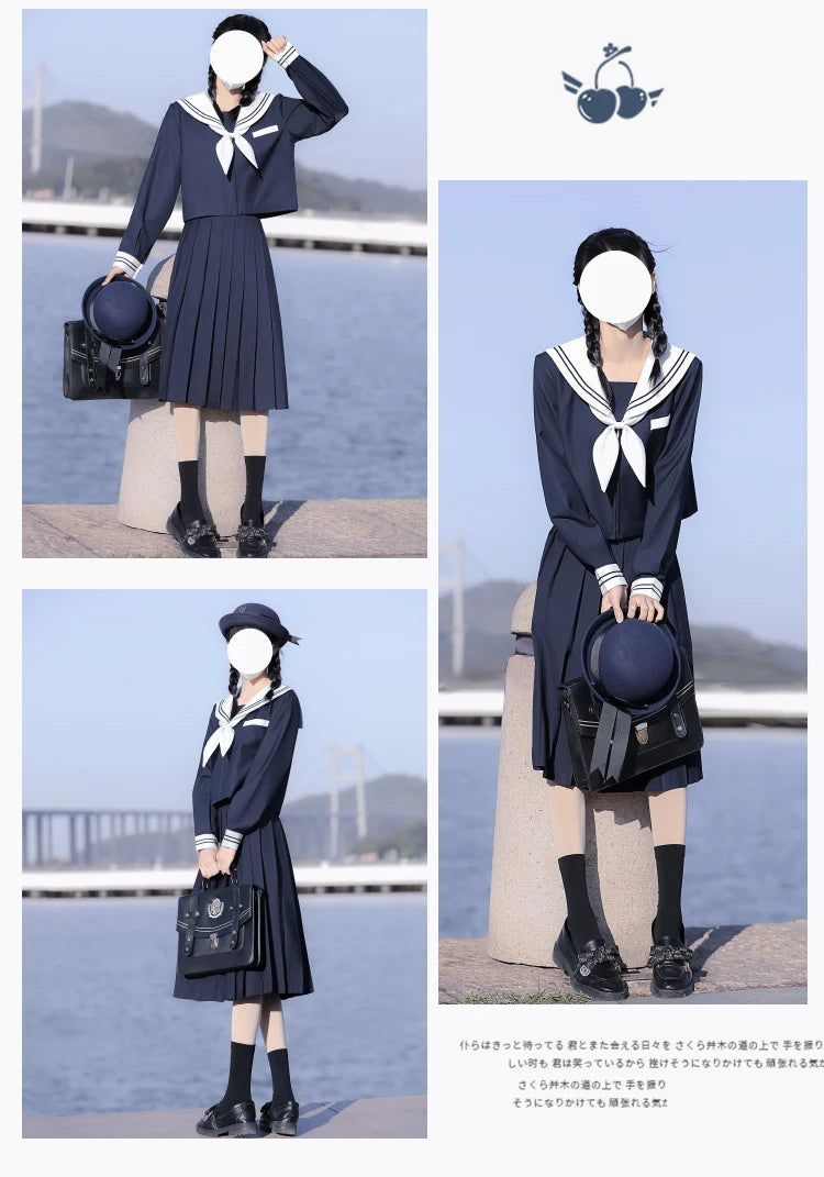 65cm longuette JK Uniform Sets Japanese Women girls uniform dark blue Short/long Sleeve School Uniforms Sailor Pleated Skirt