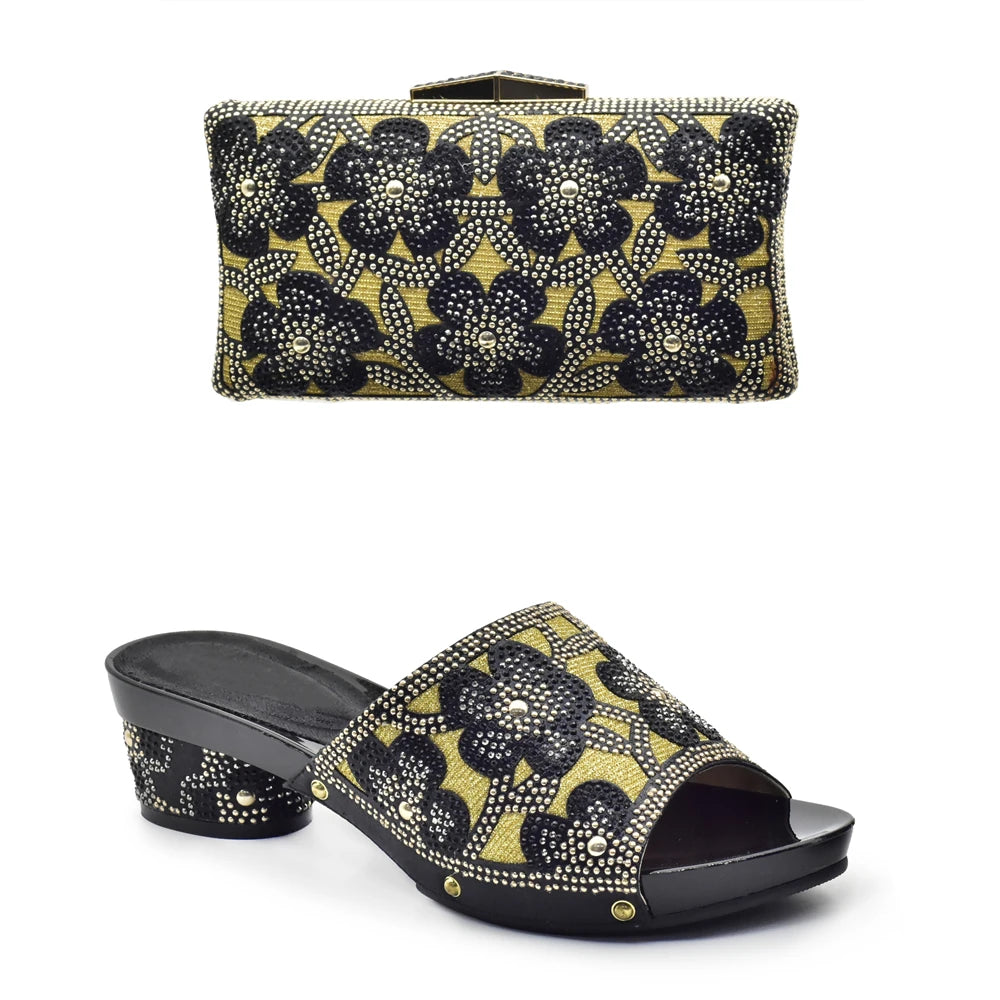 New Arrival Green Color Nigerian Shoes and Matching Bags Set Italian Ladies Shoes and Bags To Match Set Decorated with Rhinstone