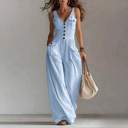 Sleeveless Women's Jumpsuit Featuring V-Neck, Button Decor, Wide-Leg Design and Pockets, Perfect for Casual Summer Beach Outings