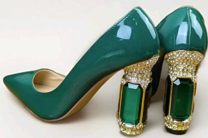 Laser PU Leather Pointed Toe Shallow Women Pumps Shoes Gemstones High Heels Slip On Design Large Size Fashion Shoes