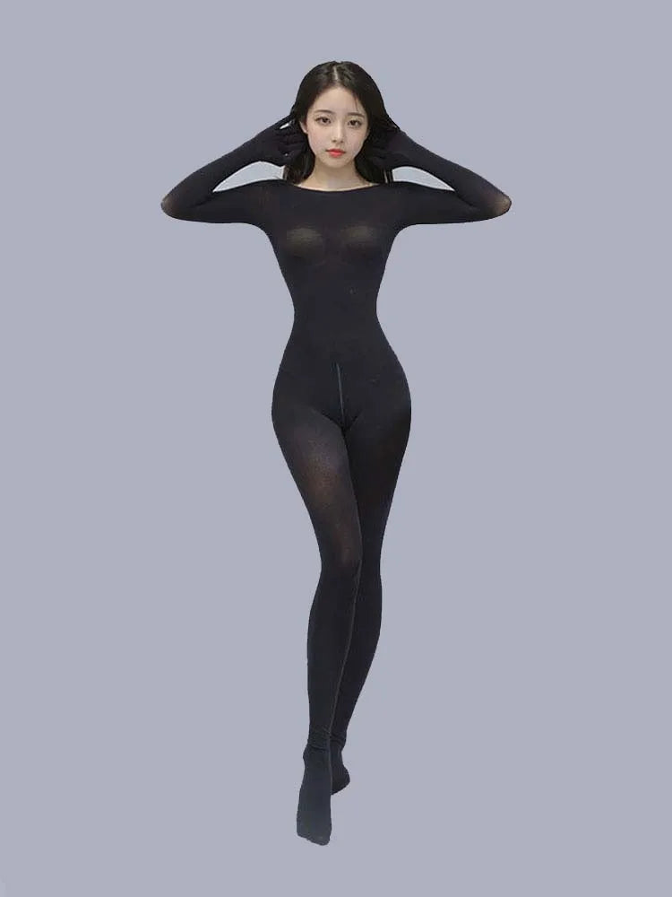 Sexy 120D Crotch Zipper Jumpsuit High Elastic Shaping Women's Bodysuit Shaping Tights Five Finger Gloves Unitard Woman Leotard