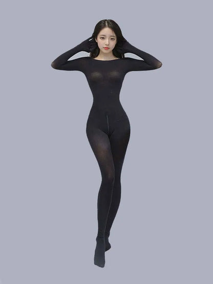 Sexy 120D Crotch Zipper Jumpsuit High Elastic Shaping Women's Bodysuit Shaping Tights Five Finger Gloves Unitard Woman Leotard