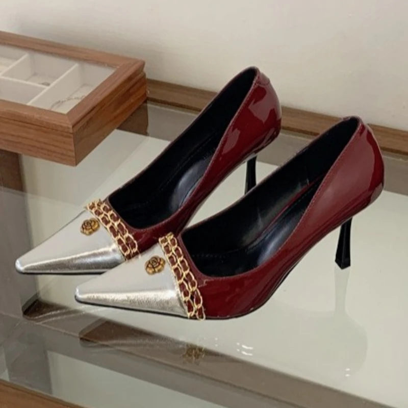 Luxury Metal Decoration Design Pumps Women Sexy Splicing Pointed Toe Stiletto Sandals Elegant Banquet Dress Shoes Zapatos Mujer