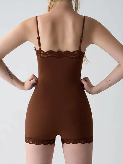Absobe Lace Patchwork Cami Playsuit Women Sexy Backless Sleeveless Romper Solid Color Y2K Streetwear Casual Loungewear Outfit