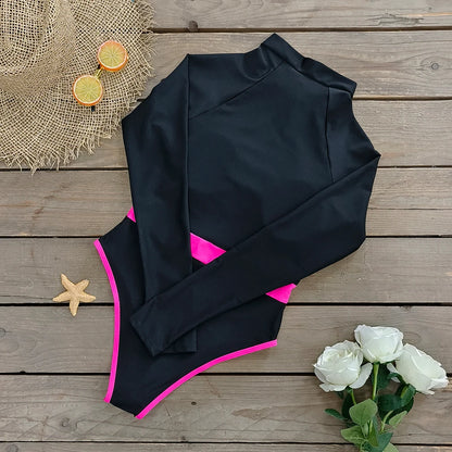 2026 Surfing Sport Swimsuit Long Sleeves Women One Piece Swimsuit  Swimwear Solid Monokini Bathing Suit Tropical Bodysuit Female