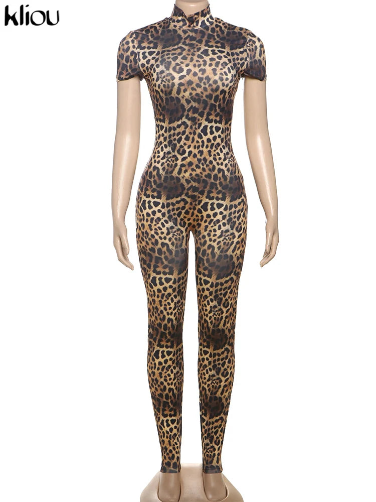kliou Sexy Printed Women Jumpsuits Fashion New Back Hollow Full Sleeve Stand Collar Slim Overalls Female Midnight Party Clubwear